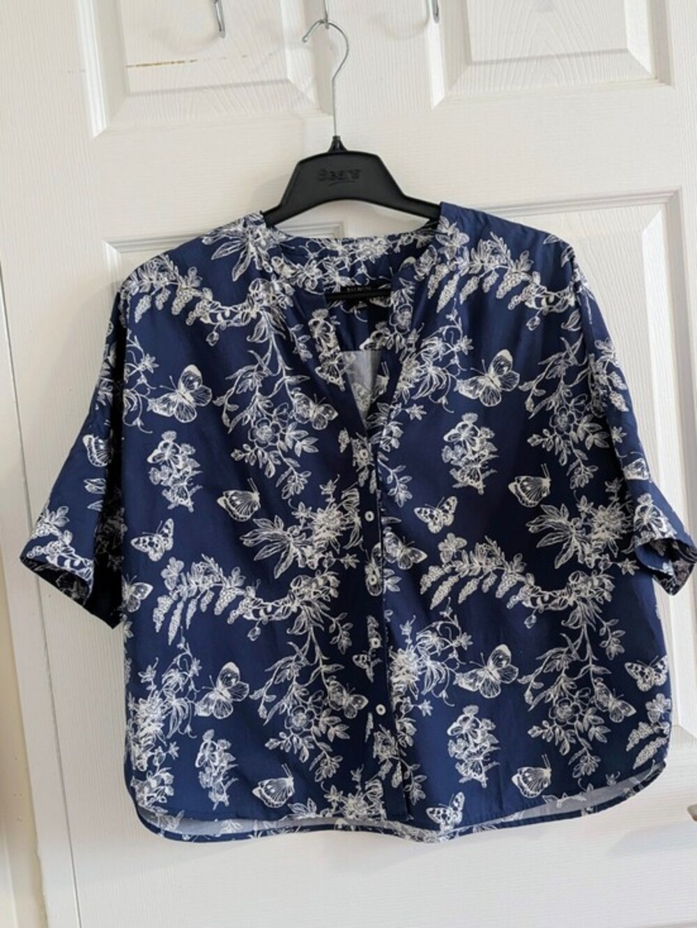 NOWT Talbots Navy Blue Cotton Butterfly Oversize Boxy Button Up Blouse Preppy MP